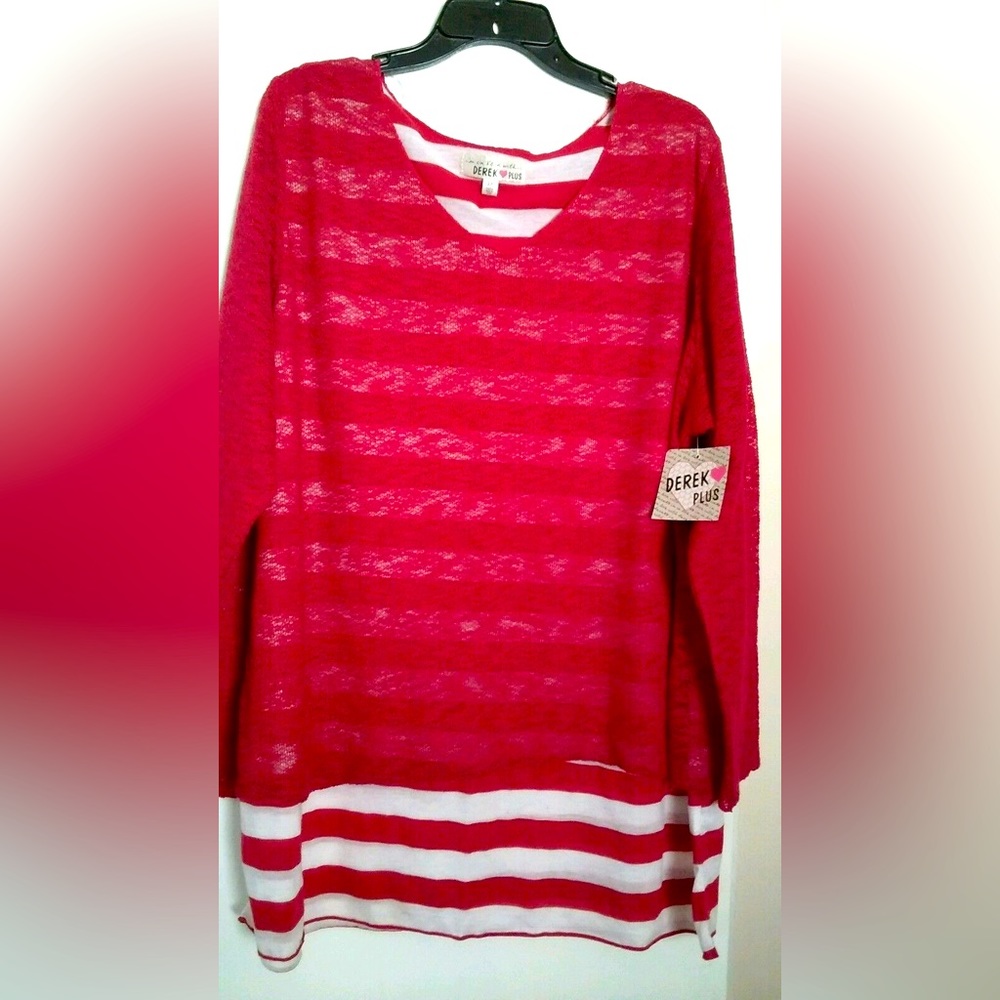 Derek Heart Plus Red 2 in 1 Polyester stretch l/sleeve knit shirt /top 3X